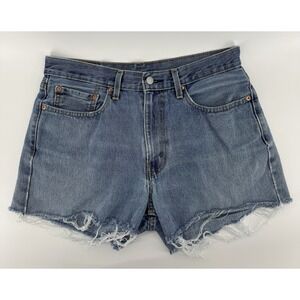 Levi's 550 Women's High Rise Cut Off Blue Denim Shorts Distressed Size 32W